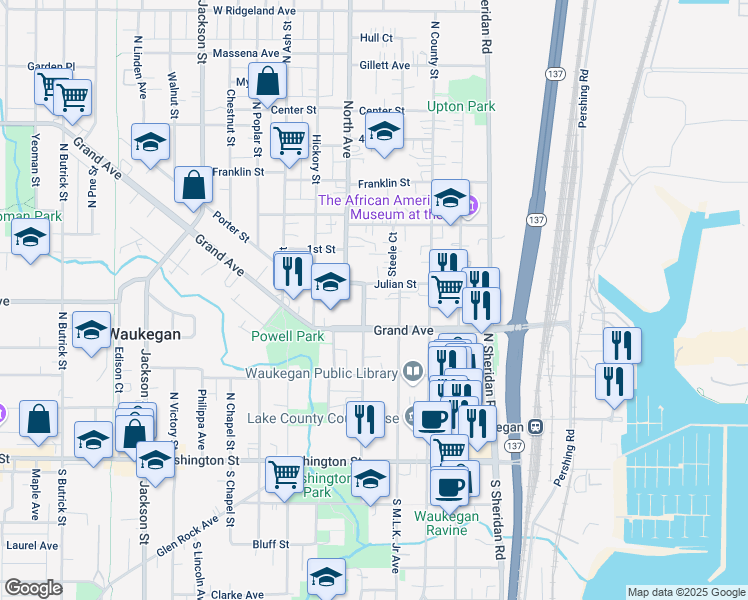 map of restaurants, bars, coffee shops, grocery stores, and more near 508 Grand Avenue in Waukegan