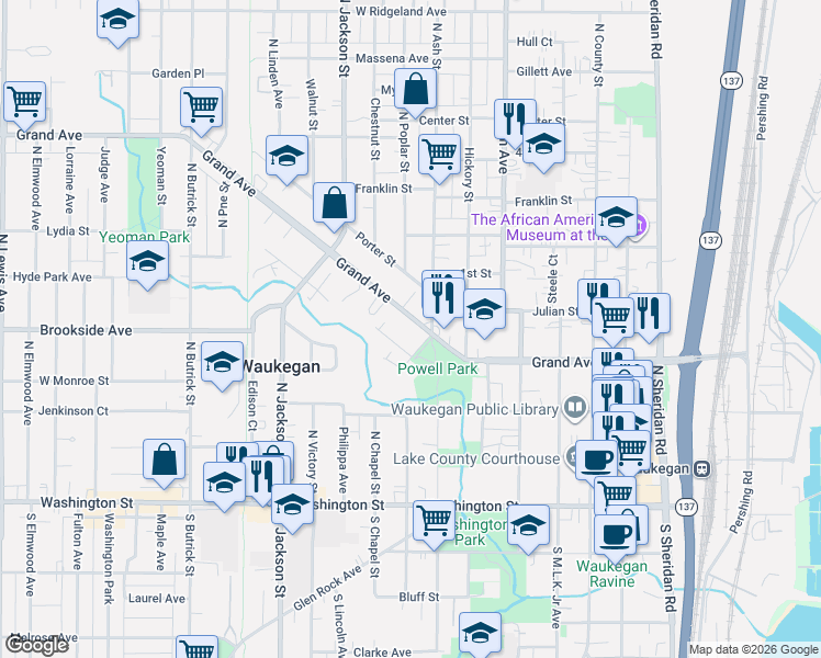 map of restaurants, bars, coffee shops, grocery stores, and more near 650 Mill Court in Waukegan