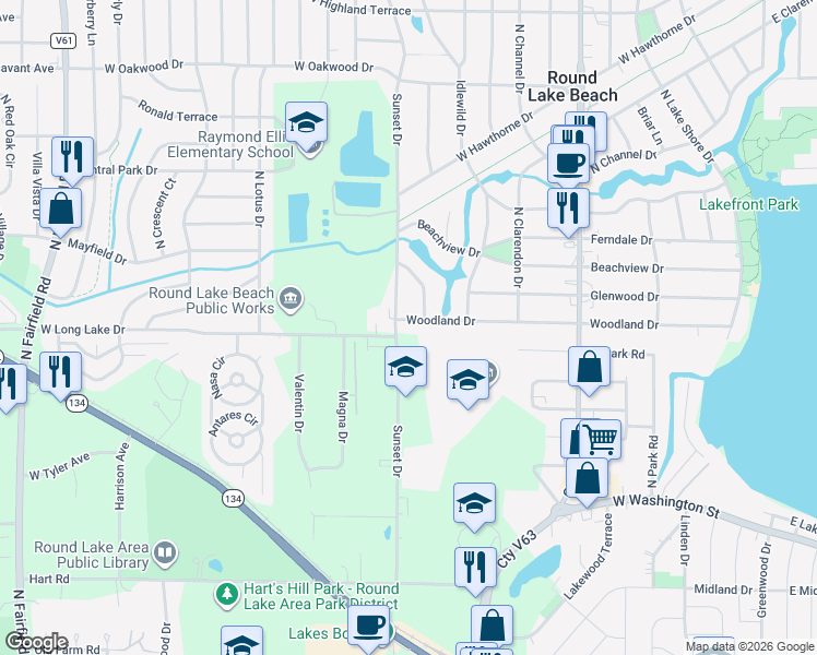 map of restaurants, bars, coffee shops, grocery stores, and more near 527 Woodland Drive in Round Lake Beach