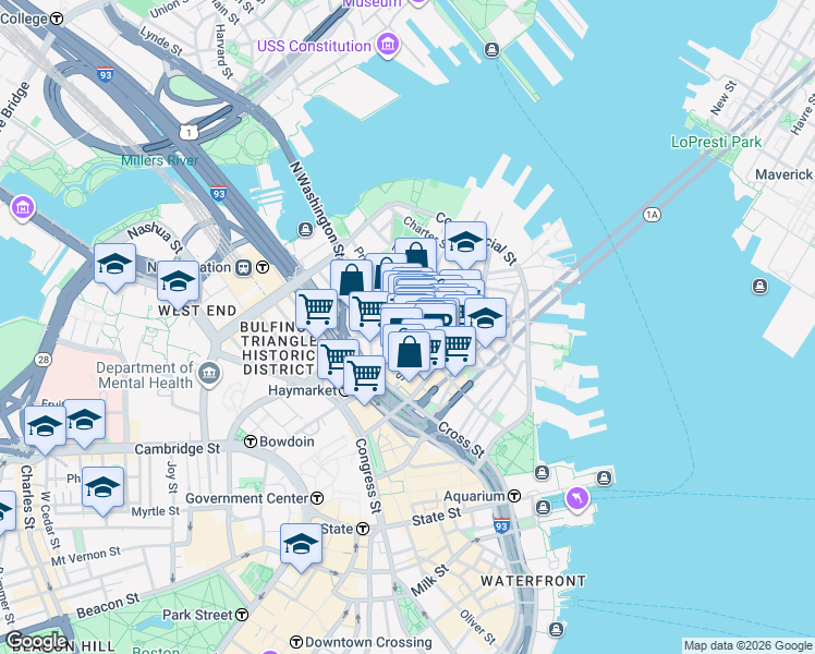 map of restaurants, bars, coffee shops, grocery stores, and more near 21 Cooper Street in Boston