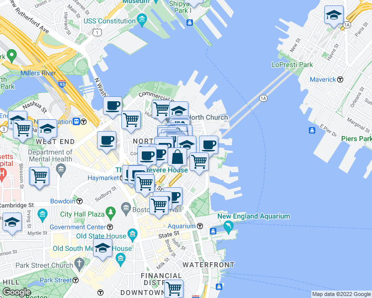 map of restaurants, bars, coffee shops, grocery stores, and more near 15-17 North Square in Boston