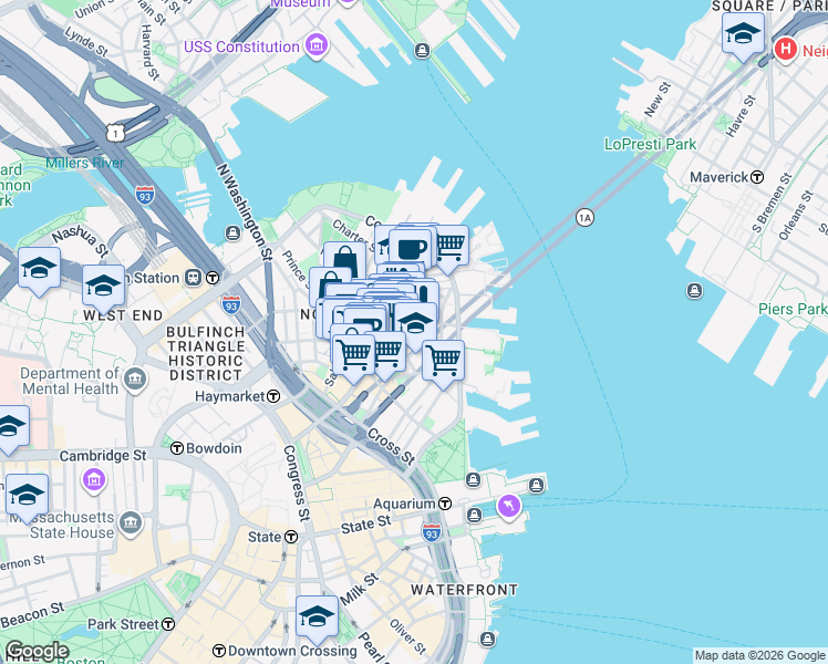 map of restaurants, bars, coffee shops, grocery stores, and more near 15-17 North Square in Boston