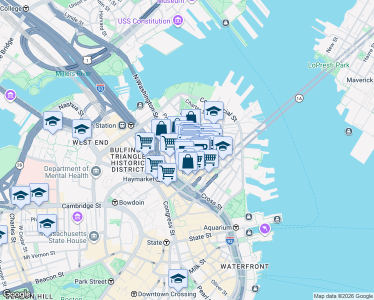 map of restaurants, bars, coffee shops, grocery stores, and more near 21 Cooper Street in Boston