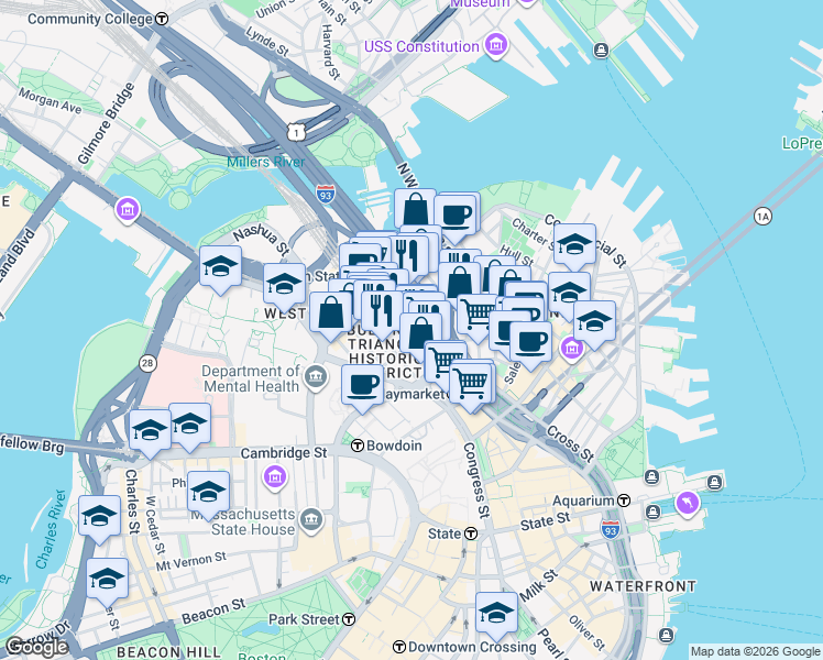 map of restaurants, bars, coffee shops, grocery stores, and more near in Boston