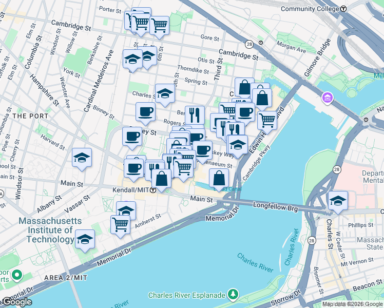 map of restaurants, bars, coffee shops, grocery stores, and more near 625 West Kendall Street in Cambridge
