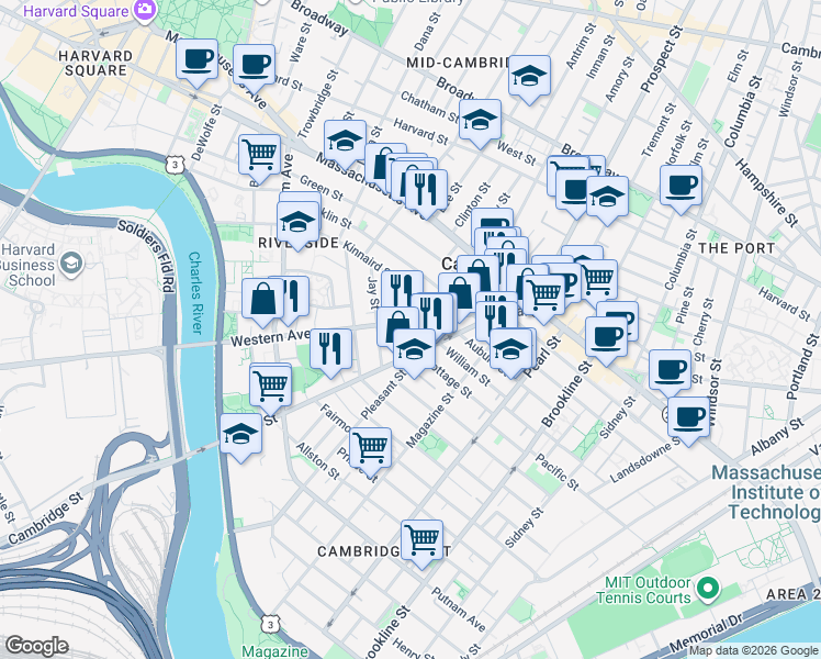 map of restaurants, bars, coffee shops, grocery stores, and more near 13 Kinnaird Street in Cambridge
