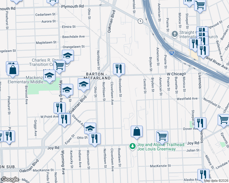 map of restaurants, bars, coffee shops, grocery stores, and more near 9356 Cloverlawn Avenue in Detroit