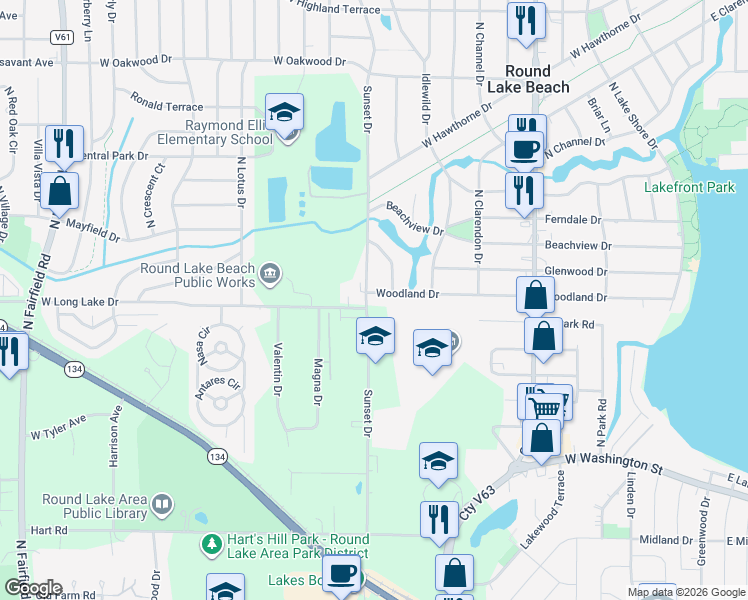 map of restaurants, bars, coffee shops, grocery stores, and more near 527 Woodland Drive in Round Lake Beach