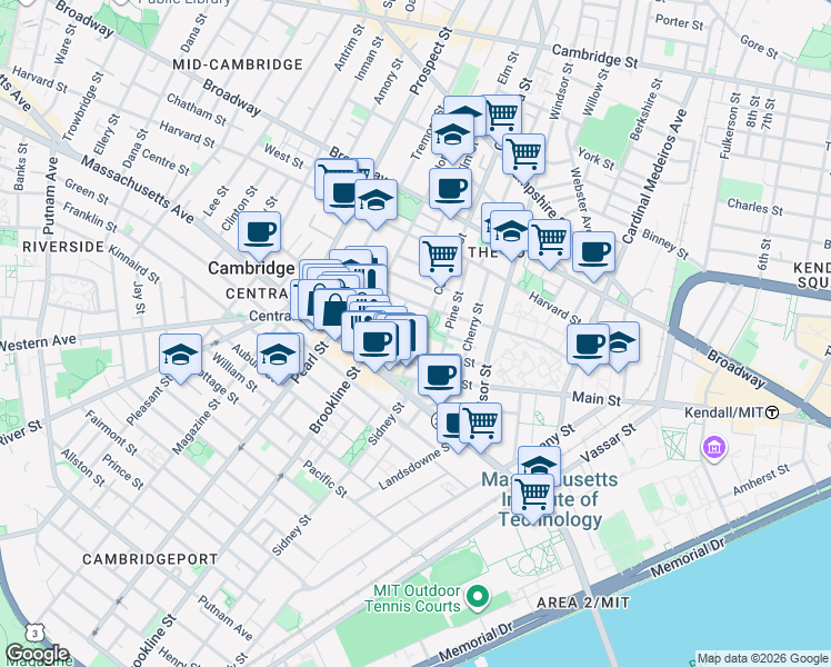 map of restaurants, bars, coffee shops, grocery stores, and more near 39 Bishop Richard Allen Drive in Cambridge
