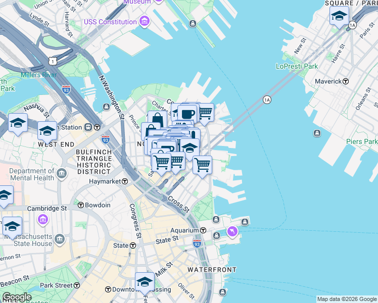 map of restaurants, bars, coffee shops, grocery stores, and more near 15-17 North Square in Boston
