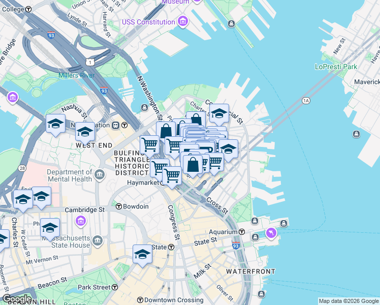 map of restaurants, bars, coffee shops, grocery stores, and more near 21 Cooper Street in Boston