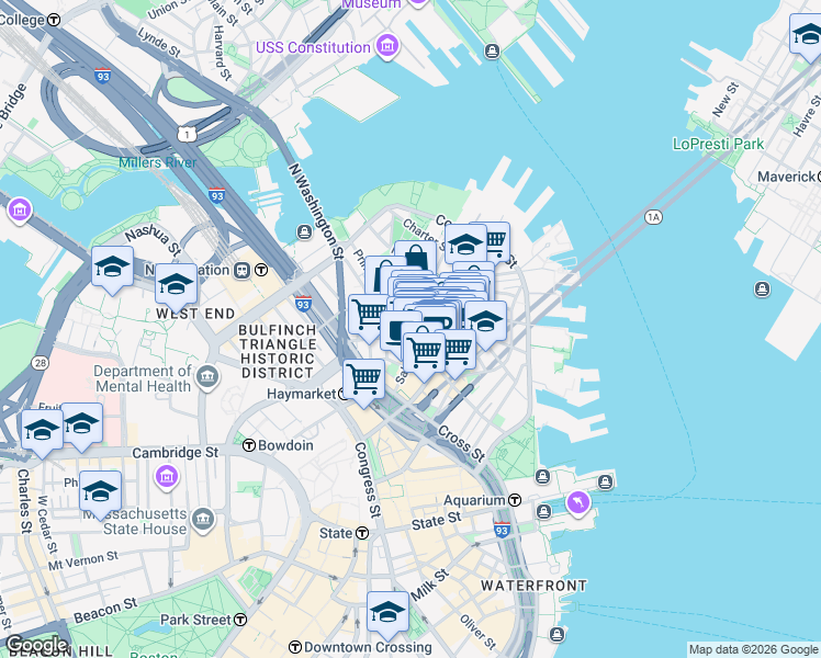 map of restaurants, bars, coffee shops, grocery stores, and more near in Boston