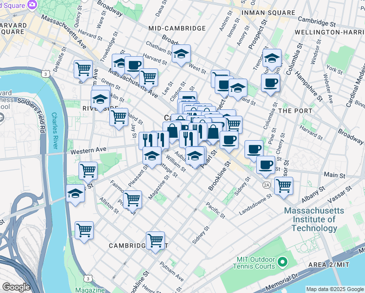 map of restaurants, bars, coffee shops, grocery stores, and more near 26 River Street in Cambridge