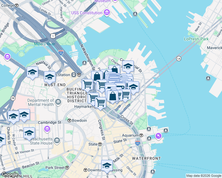 map of restaurants, bars, coffee shops, grocery stores, and more near 21 Cooper Street in Boston