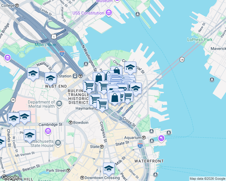 map of restaurants, bars, coffee shops, grocery stores, and more near 21 Cooper Street in Boston