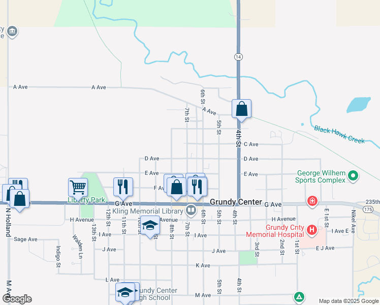 map of restaurants, bars, coffee shops, grocery stores, and more near 601-699 D Avenue in Grundy Center