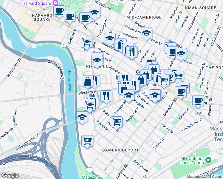 map of restaurants, bars, coffee shops, grocery stores, and more near Western Avenue in Cambridge