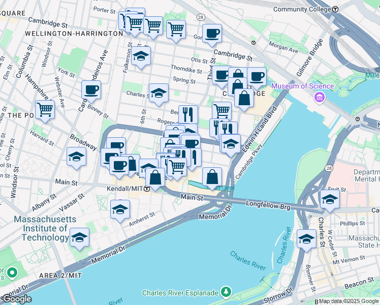 map of restaurants, bars, coffee shops, grocery stores, and more near 650 East Kendall Street in Cambridge