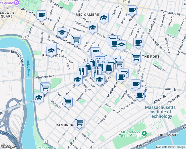 map of restaurants, bars, coffee shops, grocery stores, and more near 26 River Street in Cambridge