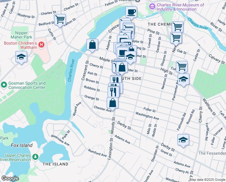 map of restaurants, bars, coffee shops, grocery stores, and more near 85 Robbins Street in Waltham