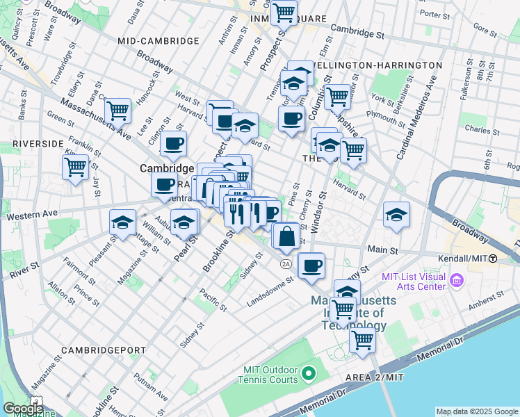 map of restaurants, bars, coffee shops, grocery stores, and more near 47 Bishop Allen Drive in Cambridge