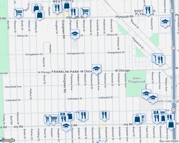 map of restaurants, bars, coffee shops, grocery stores, and more near 19439 West Chicago in Detroit