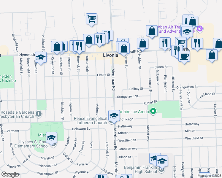 map of restaurants, bars, coffee shops, grocery stores, and more near 9938 Merriman Road in Livonia