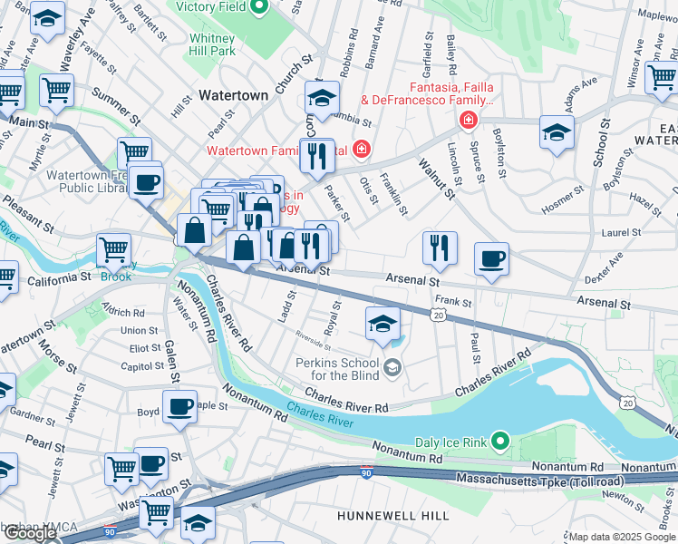 map of restaurants, bars, coffee shops, grocery stores, and more near 129 Arsenal Street in Watertown