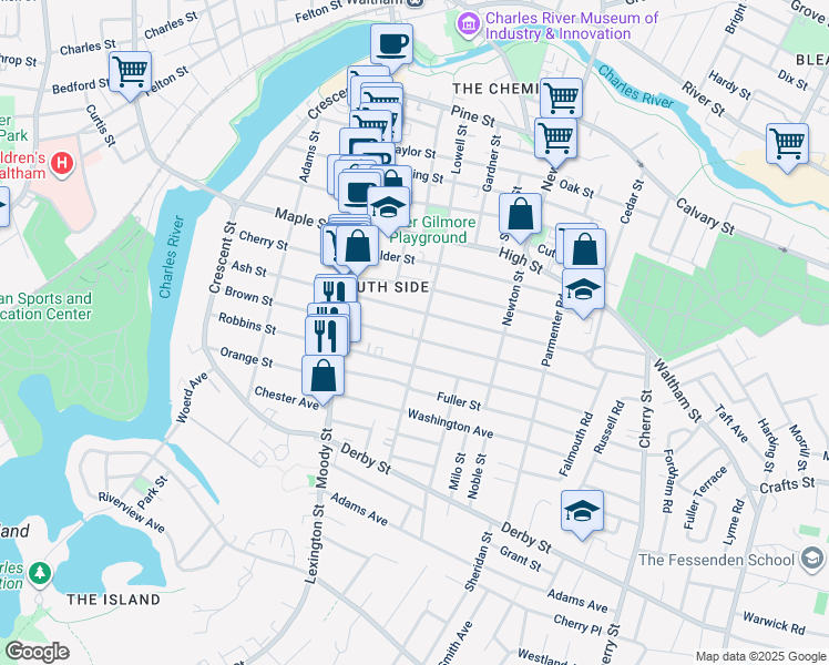 map of restaurants, bars, coffee shops, grocery stores, and more near 162 Brown Street in Waltham