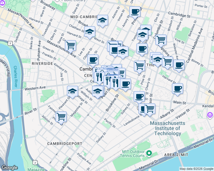 map of restaurants, bars, coffee shops, grocery stores, and more near in Cambridge