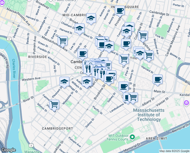 map of restaurants, bars, coffee shops, grocery stores, and more near in Cambridge