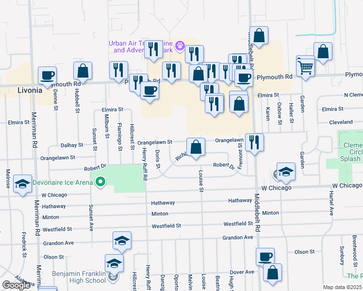map of restaurants, bars, coffee shops, grocery stores, and more near 9930 Oporto Street in Livonia