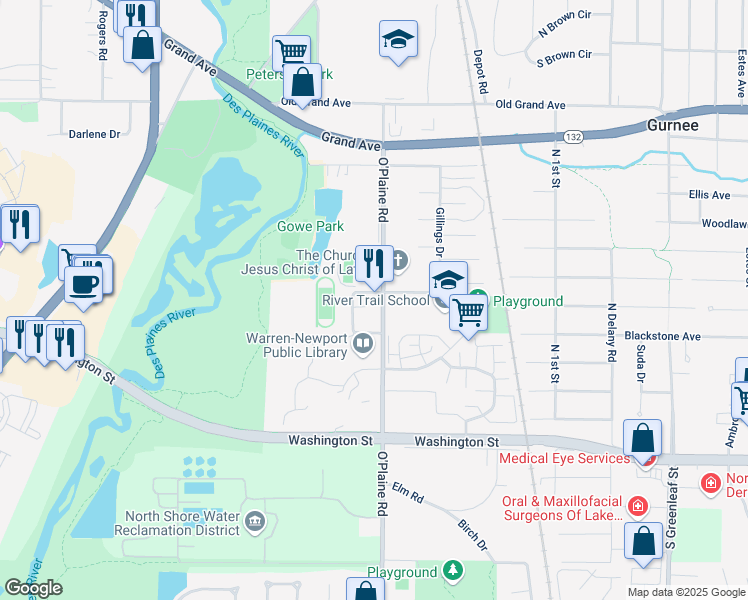 map of restaurants, bars, coffee shops, grocery stores, and more near 356 County W20 in Gurnee