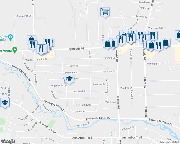 map of restaurants, bars, coffee shops, grocery stores, and more near 10699 Yale Street in Livonia