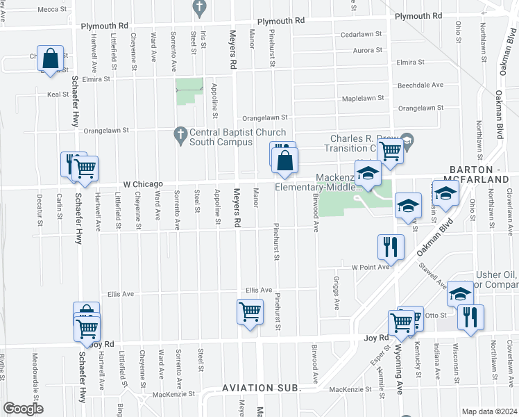 map of restaurants, bars, coffee shops, grocery stores, and more near 9358 Manor in Detroit