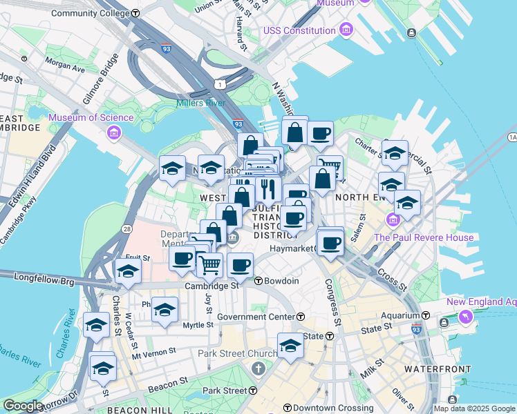 map of restaurants, bars, coffee shops, grocery stores, and more near 73-75 Causeway Street in Boston