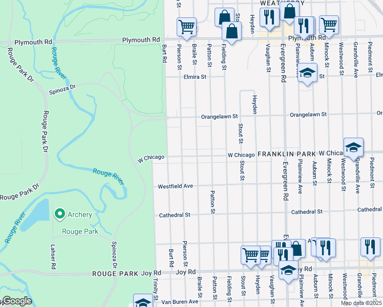 map of restaurants, bars, coffee shops, grocery stores, and more near 20720 West Chicago in Detroit