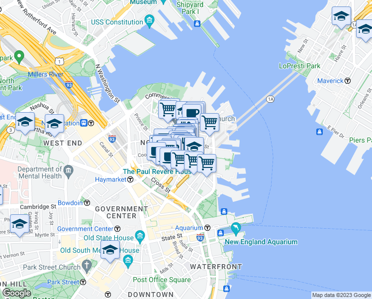 map of restaurants, bars, coffee shops, grocery stores, and more near Hanover St & Fleet St in Boston