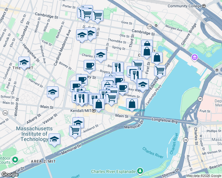 map of restaurants, bars, coffee shops, grocery stores, and more near 287 3rd Street in Cambridge