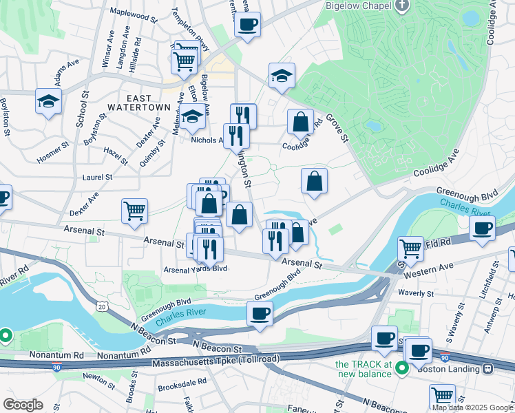 map of restaurants, bars, coffee shops, grocery stores, and more near 61 Arlington Street in Watertown