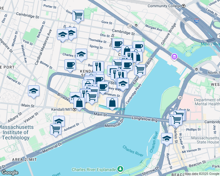 map of restaurants, bars, coffee shops, grocery stores, and more near 500 Kendall Street in Cambridge