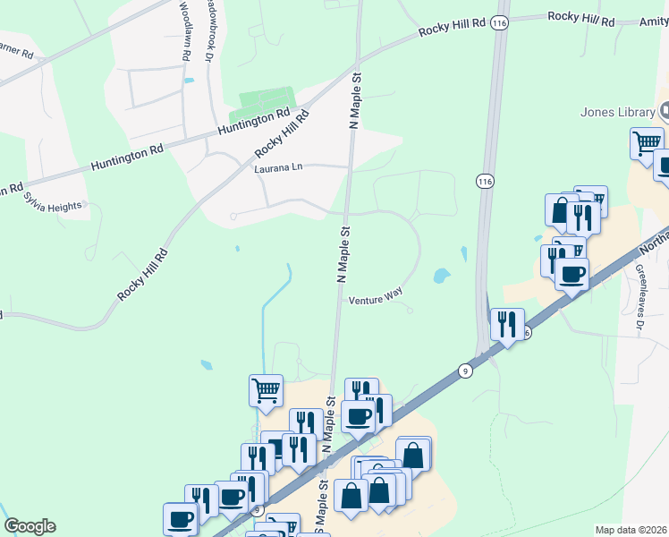 map of restaurants, bars, coffee shops, grocery stores, and more near 34 North Maple Street in Hadley