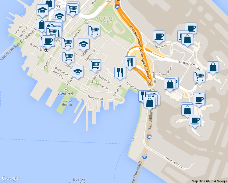 map of restaurants, bars, coffee shops, grocery stores, and more near 44 Jeffries Street in Boston