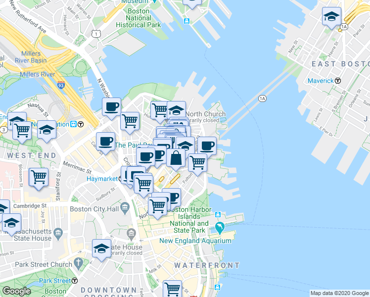 map of restaurants, bars, coffee shops, grocery stores, and more near 15-17 North Square in Boston