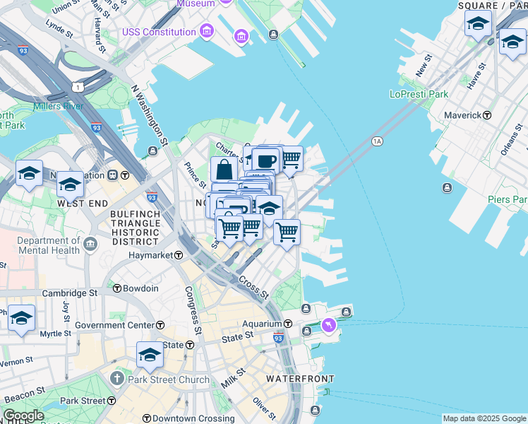 map of restaurants, bars, coffee shops, grocery stores, and more near 15-17 North Square in Boston