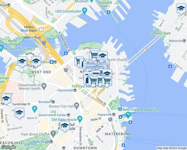 map of restaurants, bars, coffee shops, grocery stores, and more near in Boston