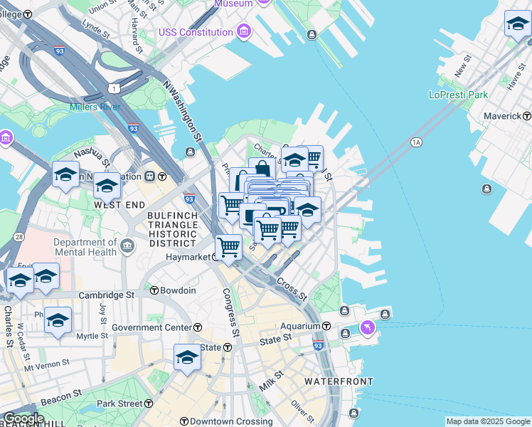 map of restaurants, bars, coffee shops, grocery stores, and more near 44 Prince Street in Boston
