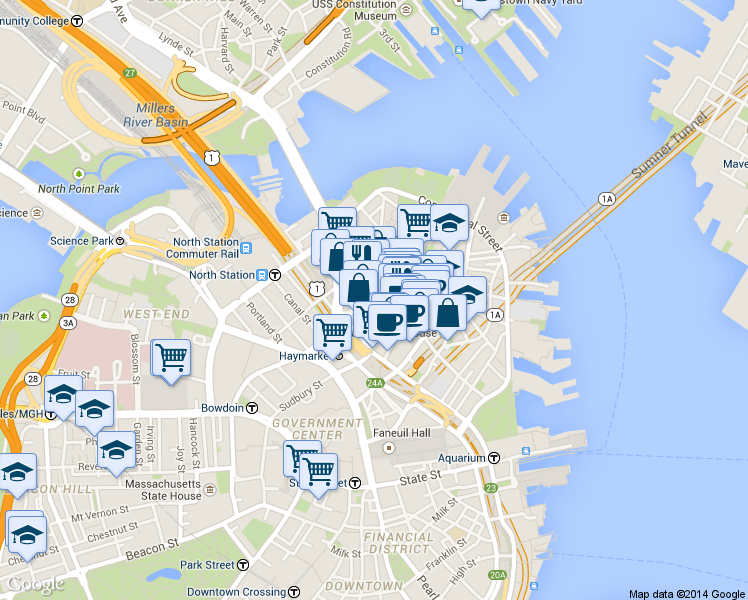 map of restaurants, bars, coffee shops, grocery stores, and more near 21 Cooper Street in Boston