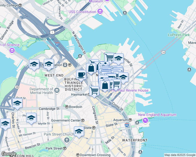 map of restaurants, bars, coffee shops, grocery stores, and more near 21 Cooper Street in Boston