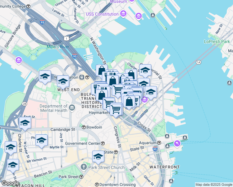 map of restaurants, bars, coffee shops, grocery stores, and more near 49 North Washington Street in Boston